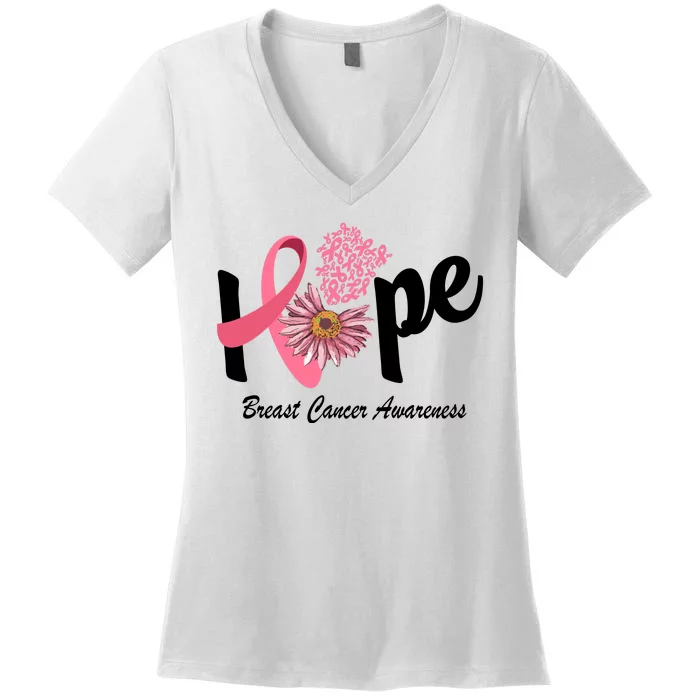 Hope Breast Cancer Awareness Flower Ribbon Women's V-Neck T-Shirt