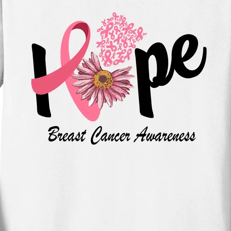 Hope Breast Cancer Awareness Flower Ribbon Kids Long Sleeve Shirt