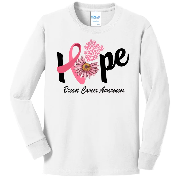 Hope Breast Cancer Awareness Flower Ribbon Kids Long Sleeve Shirt