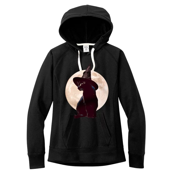 Halloween Black Cat Costume Witch Hat And Moon Gift Women's Fleece Hoodie