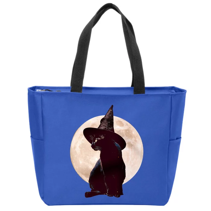 Halloween Black Cat Costume Witch Hat And Moon Gift Zip Tote Bag