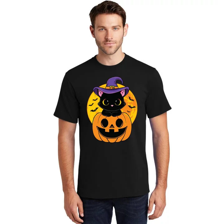 Halloween Black Cat Witch Hat Pumpkin For Kids Girls Tall T-Shirt