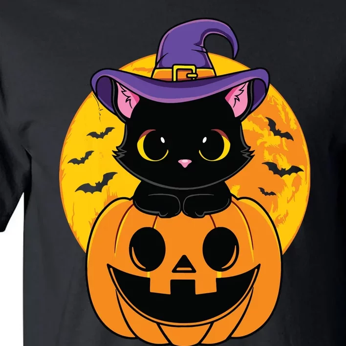 Halloween Black Cat Witch Hat Pumpkin For Kids Girls Tall T-Shirt