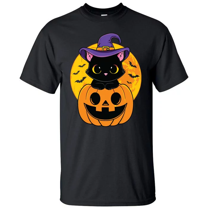 Halloween Black Cat Witch Hat Pumpkin For Kids Girls Tall T-Shirt