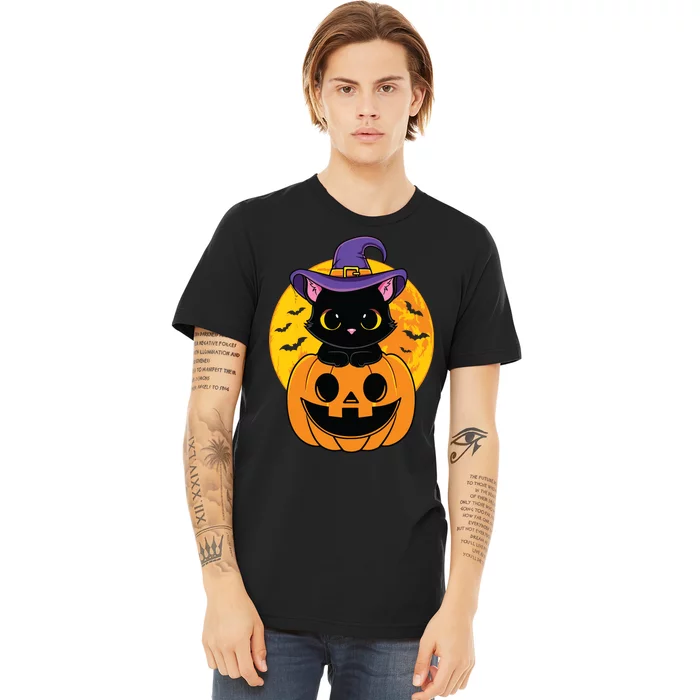 Halloween Black Cat Witch Hat Pumpkin For Kids Girls Premium T-Shirt