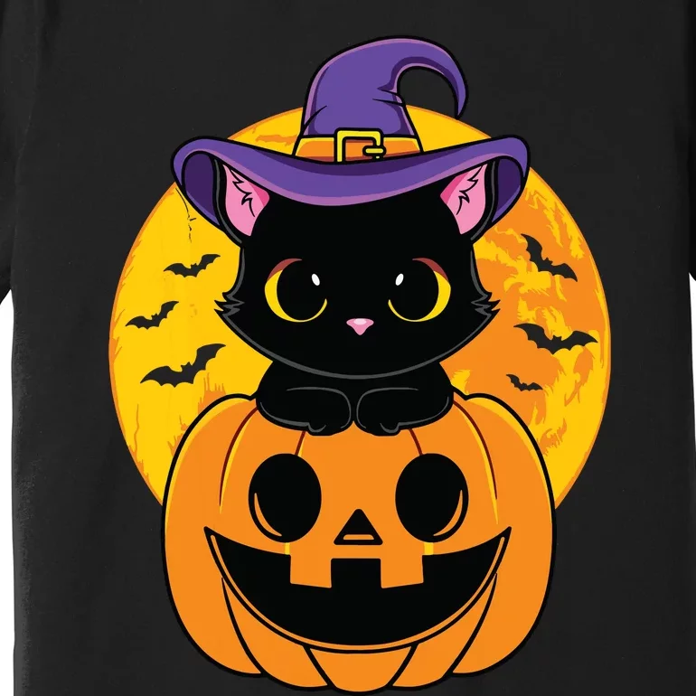 Halloween Black Cat Witch Hat Pumpkin For Kids Girls Premium T-Shirt