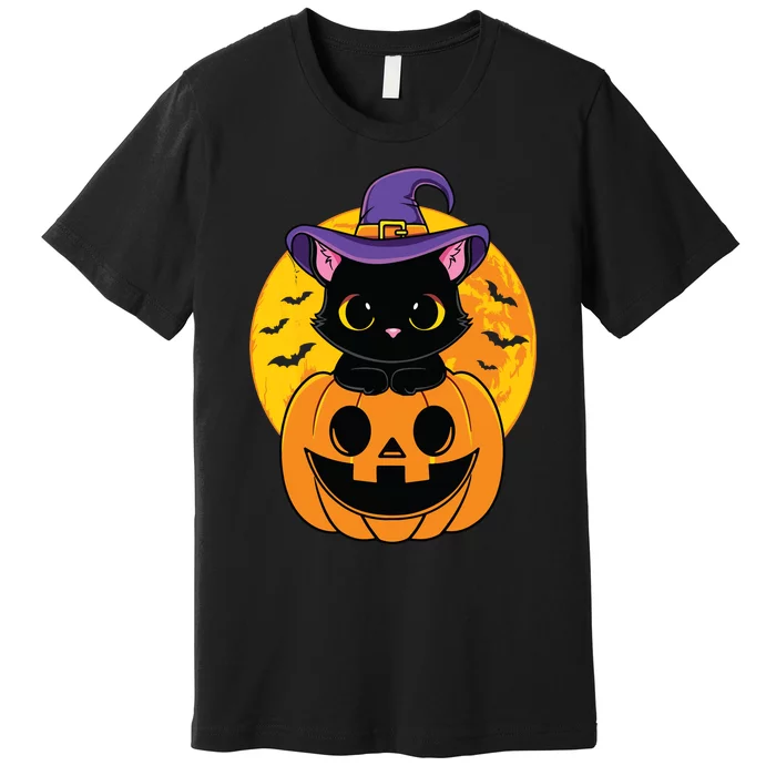 Halloween Black Cat Witch Hat Pumpkin For Kids Girls Premium T-Shirt