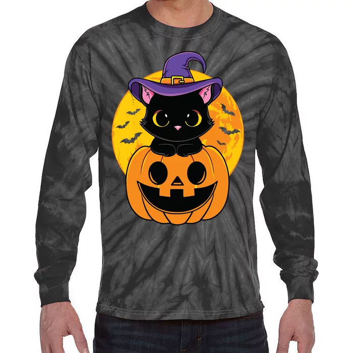 Halloween Black Cat Witch Hat Pumpkin For Kids Girls Tie-Dye Long Sleeve Shirt