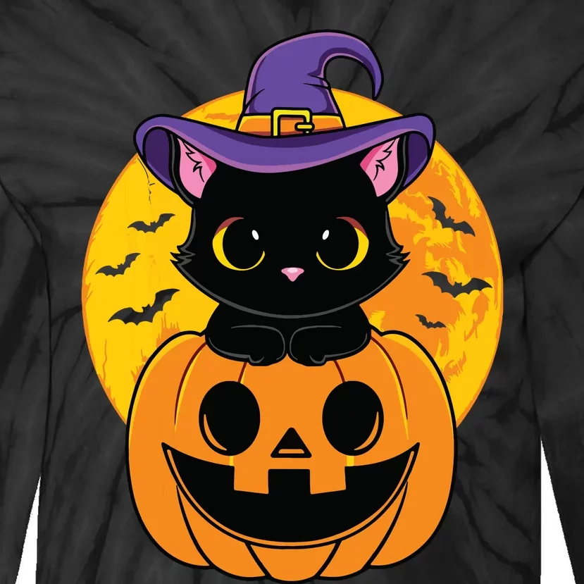 Halloween Black Cat Witch Hat Pumpkin For Kids Girls Tie-Dye Long Sleeve Shirt