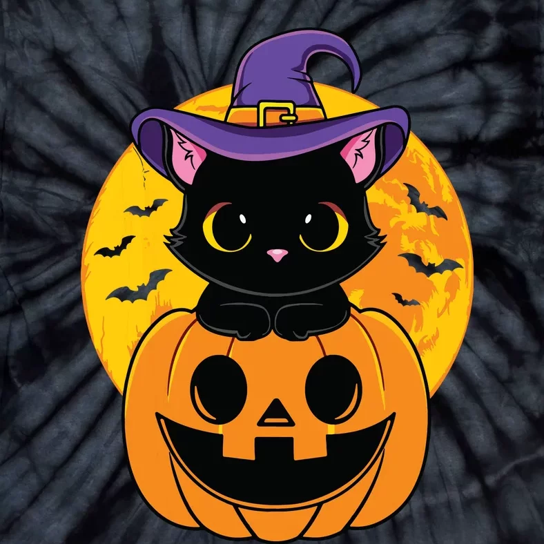 Halloween Black Cat Witch Hat Pumpkin For Kids Girls Tie-Dye T-Shirt