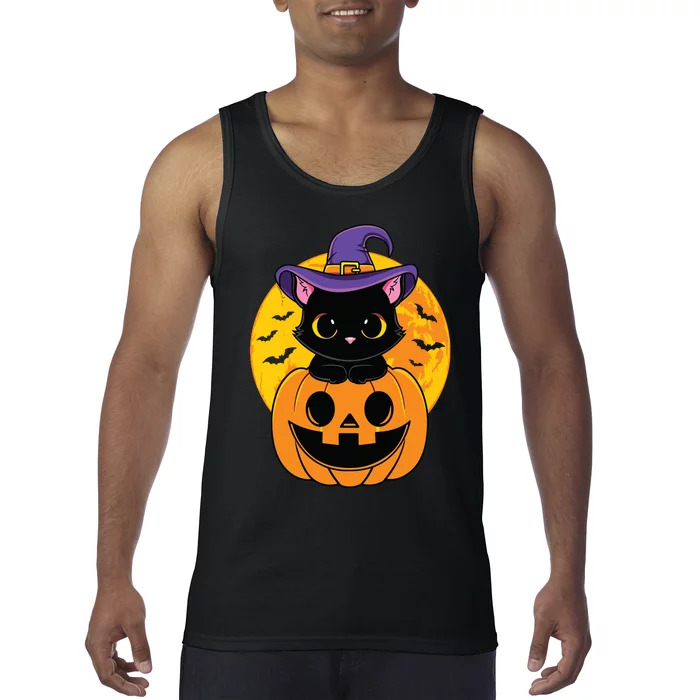 Halloween Black Cat Witch Hat Pumpkin For Kids Girls Tank Top