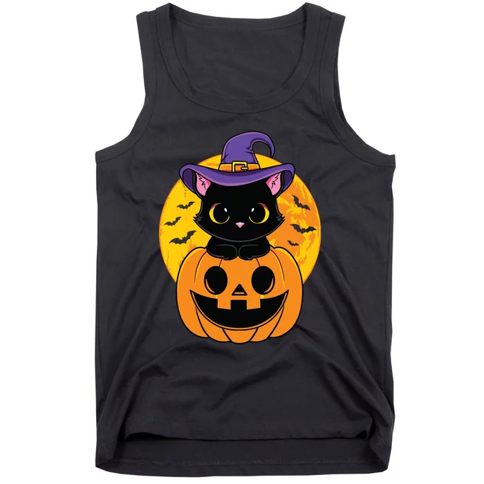 Halloween Black Cat Witch Hat Pumpkin For Kids Girls Tank Top