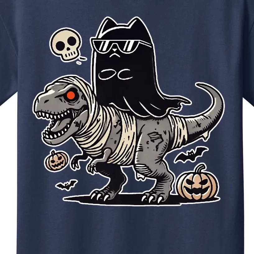 Halloween Black Cat Ghost Riding Zombie Trex Funny Halloween Kids T-Shirt