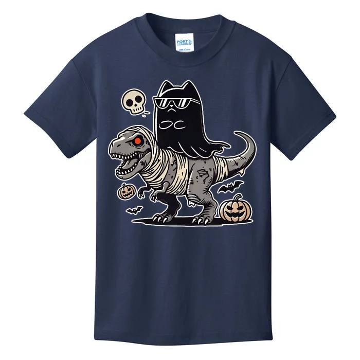 Halloween Black Cat Ghost Riding Zombie Trex Funny Halloween Kids T-Shirt