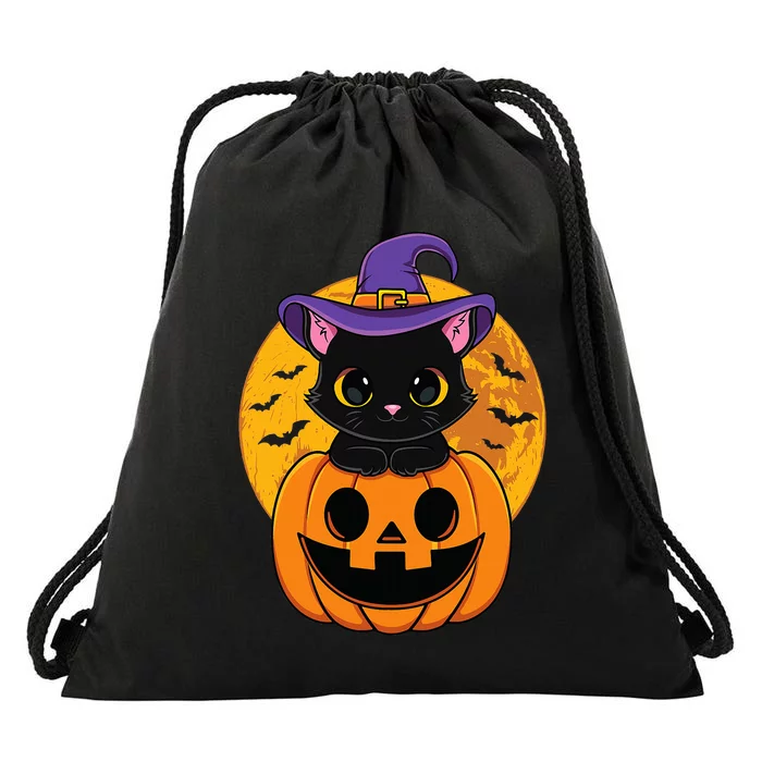 Halloween Black Cat Witch Hat Pumpkin Drawstring Bag