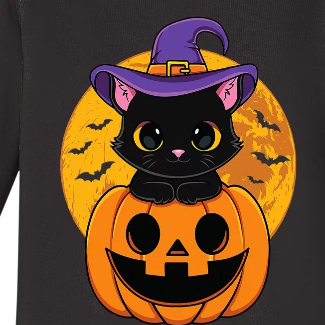 Halloween Black Cat Witch Hat Pumpkin Baby Long Sleeve Bodysuit