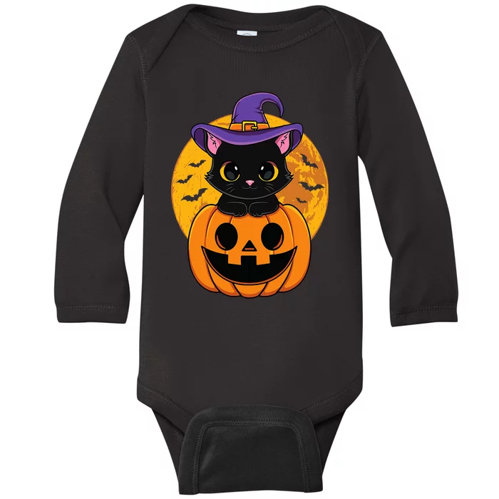 Halloween Black Cat Witch Hat Pumpkin Baby Long Sleeve Bodysuit