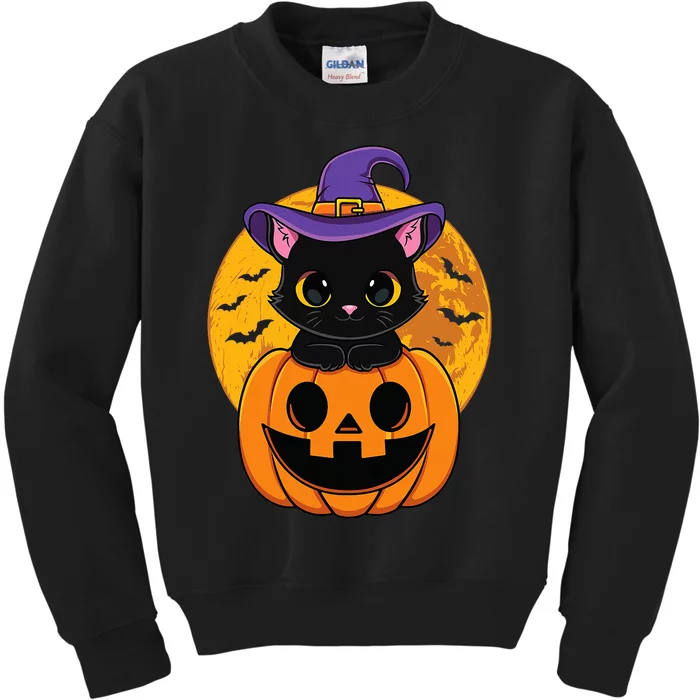 Halloween Black Cat Witch Hat Pumpkin Kids Sweatshirt