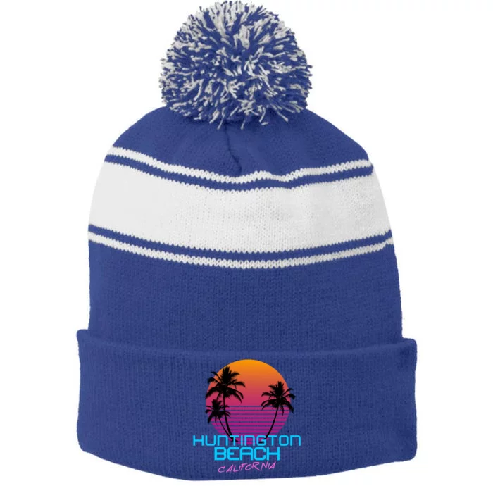 Huntington Beach California Retro 80s Meaningful Gift Stripe Pom Pom Beanie