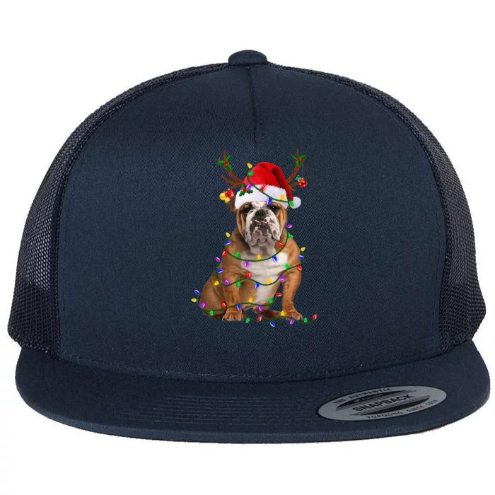 Hilarious Bulldog Christmas Pajama with Festive Tree Lights Flat Bill Trucker Hat