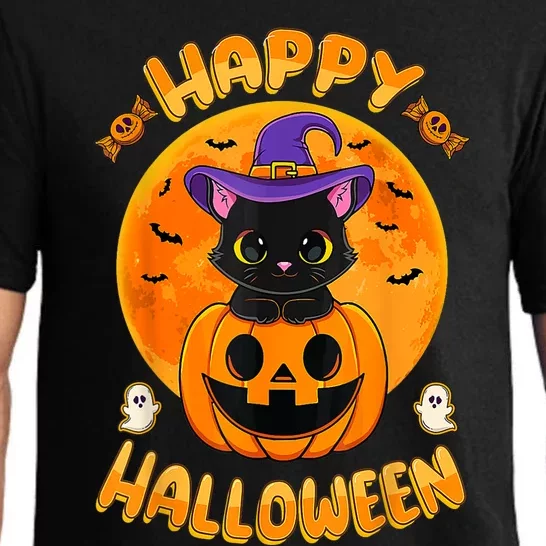 Halloween Black Cat Witch Hat Pumpkin Pajama Set