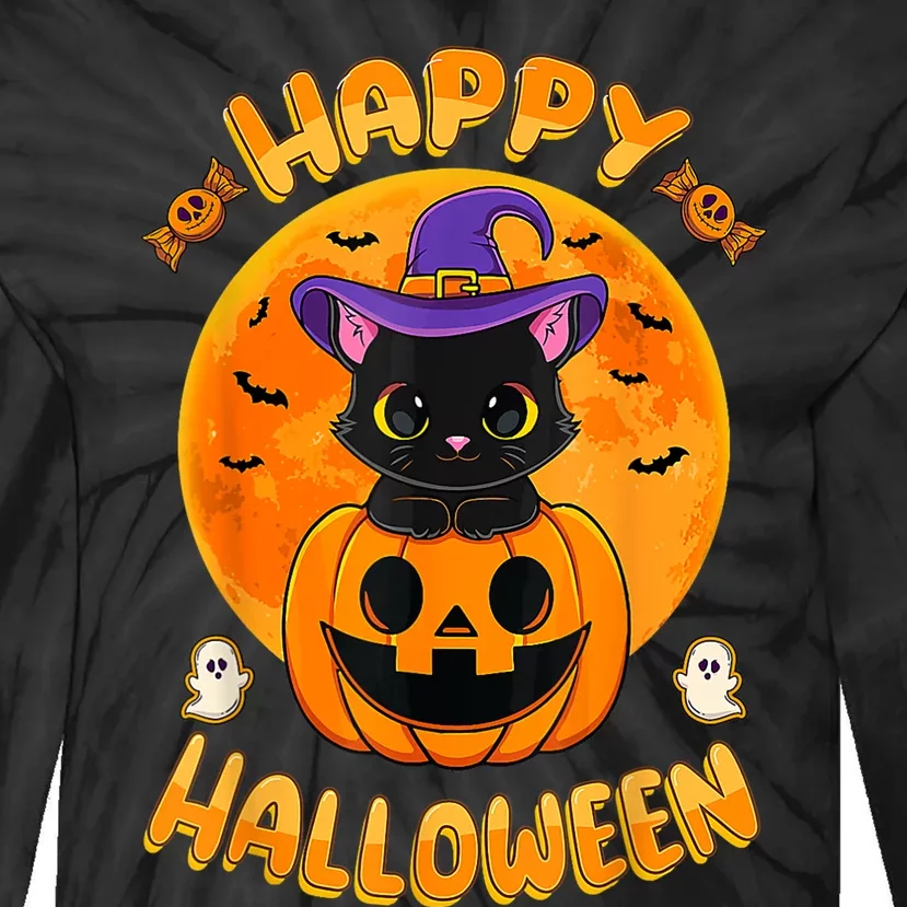 Halloween Black Cat Witch Hat Pumpkin Tie-Dye Long Sleeve Shirt