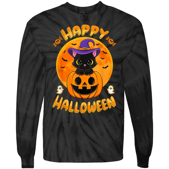 Halloween Black Cat Witch Hat Pumpkin Tie-Dye Long Sleeve Shirt