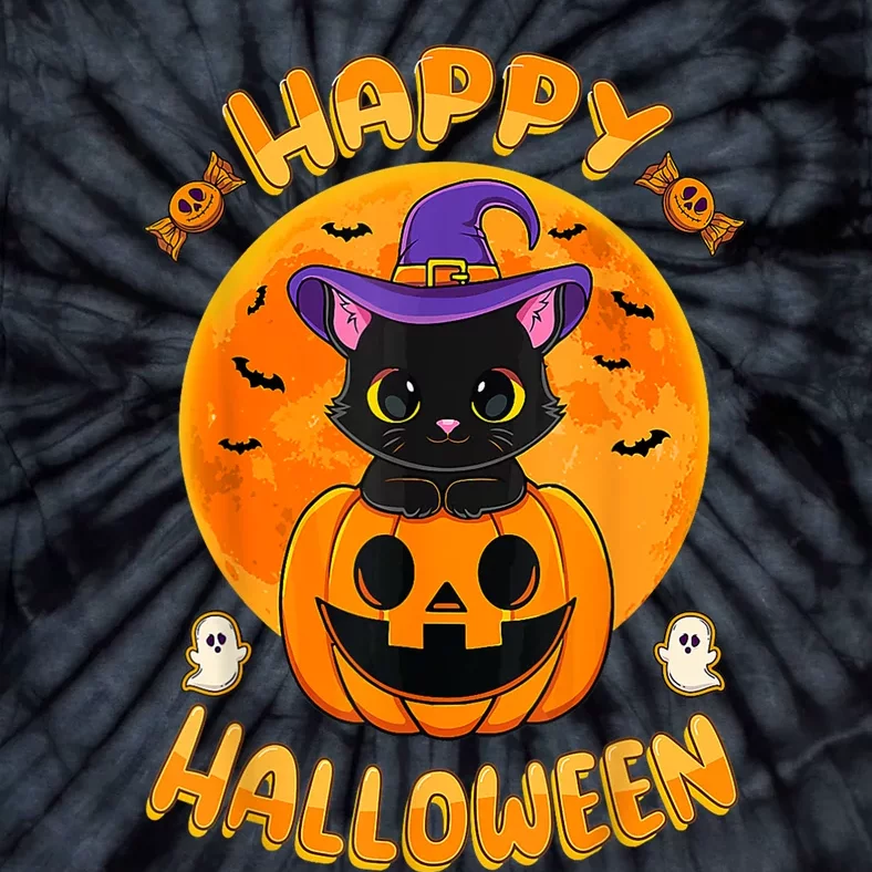 Halloween Black Cat Witch Hat Pumpkin Tie-Dye T-Shirt