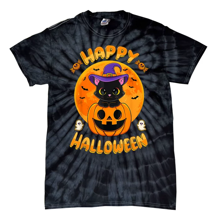 Halloween Black Cat Witch Hat Pumpkin Tie-Dye T-Shirt