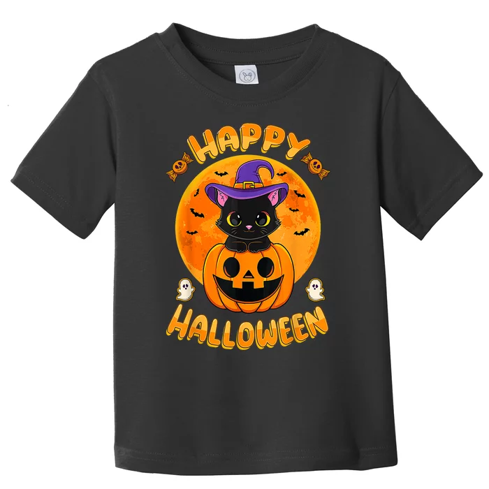 Halloween Black Cat Witch Hat Pumpkin Toddler T-Shirt