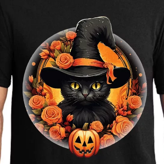 Halloween Black Cat Scary Moon Witch Hat Pumpkin And Flowers Pajama Set