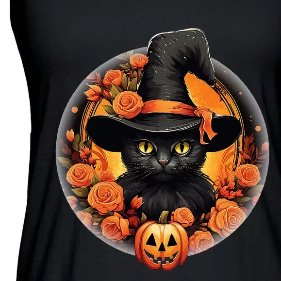 Halloween Black Cat Scary Moon Witch Hat Pumpkin And Flowers Ladies Essential Flowy Tank