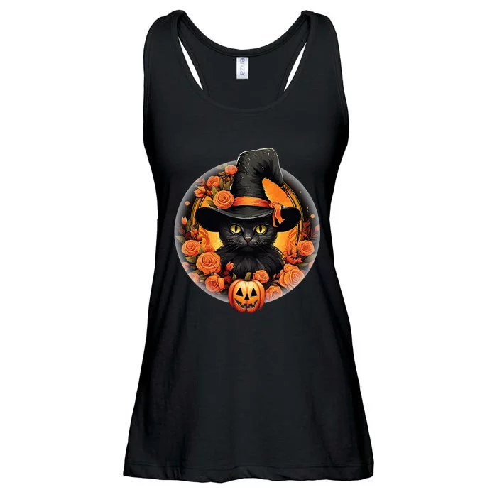 Halloween Black Cat Scary Moon Witch Hat Pumpkin And Flowers Ladies Essential Flowy Tank