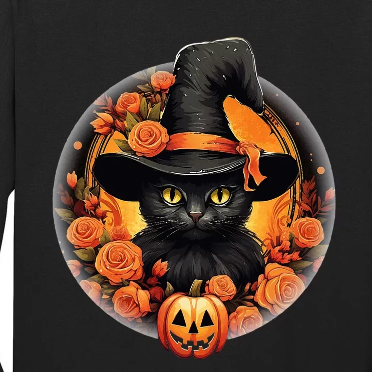 Halloween Black Cat Scary Moon Witch Hat Pumpkin And Flowers Tall Long Sleeve T-Shirt