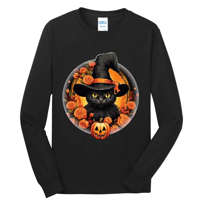 Halloween Black Cat Scary Moon Witch Hat Pumpkin And Flowers Tall Long Sleeve T-Shirt