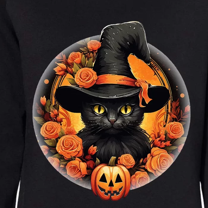 Halloween Black Cat Scary Moon Witch Hat Pumpkin And Flowers Womens California Wash Sweatshirt