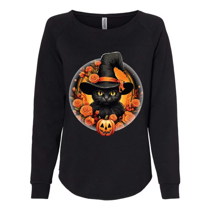 Halloween Black Cat Scary Moon Witch Hat Pumpkin And Flowers Womens California Wash Sweatshirt