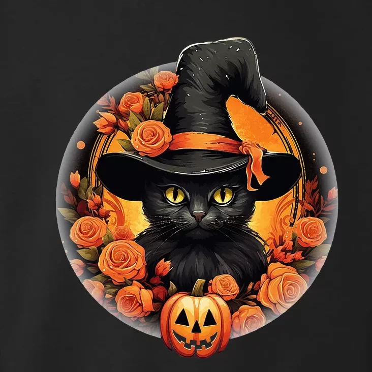 Halloween Black Cat Scary Moon Witch Hat Pumpkin And Flowers Toddler Hoodie