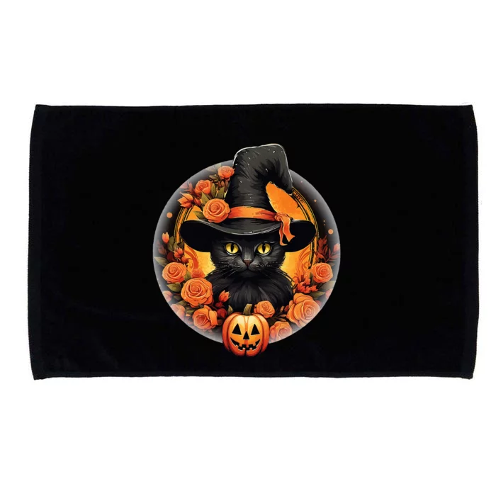 Halloween Black Cat Scary Moon Witch Hat Pumpkin And Flowers Microfiber Hand Towel