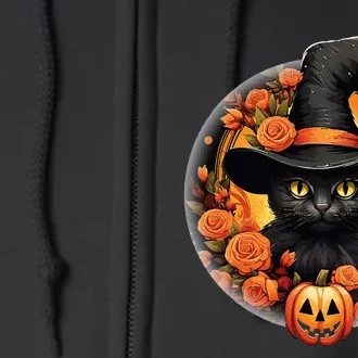 Halloween Black Cat Scary Moon Witch Hat Pumpkin And Flowers Full Zip Hoodie