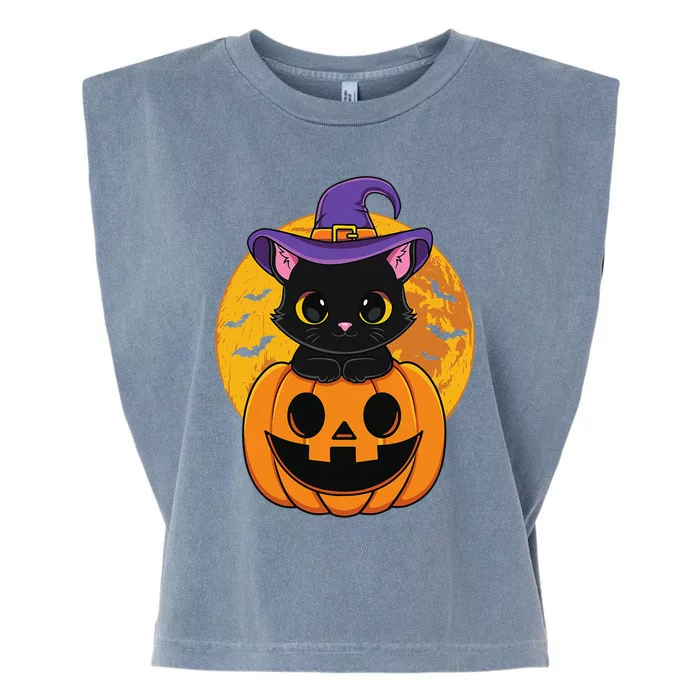 Halloween Black Cat Witch Hat Pumpkin For Garment-Dyed Women's Muscle Tee