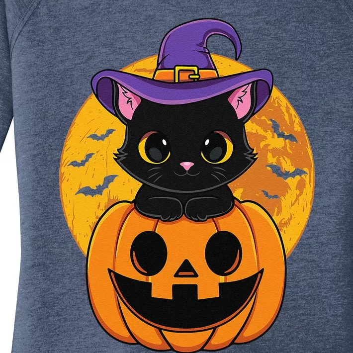 Halloween Black Cat Witch Hat Pumpkin For Women's Perfect Tri Tunic Long Sleeve Shirt