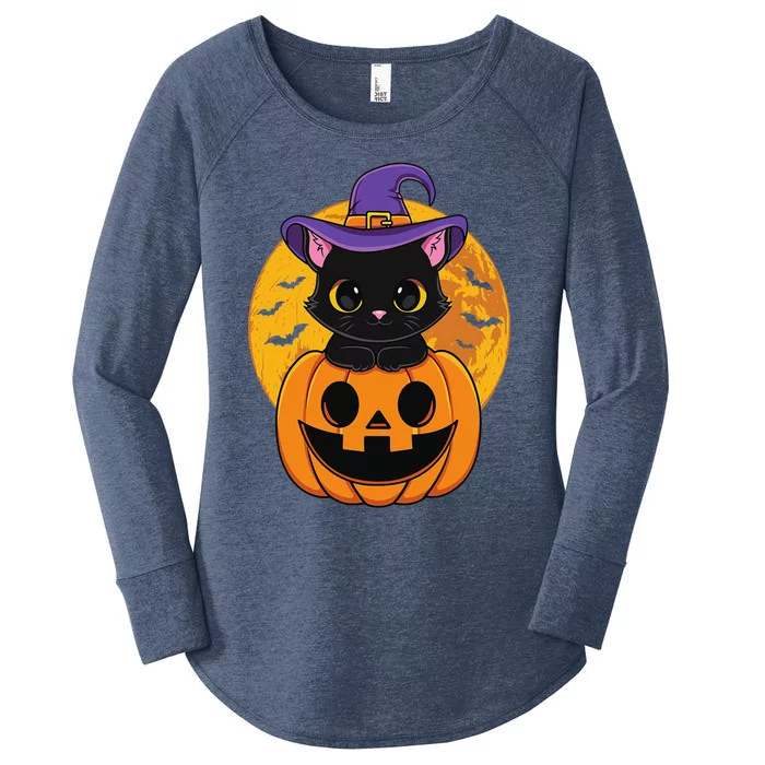 Halloween Black Cat Witch Hat Pumpkin For Women's Perfect Tri Tunic Long Sleeve Shirt