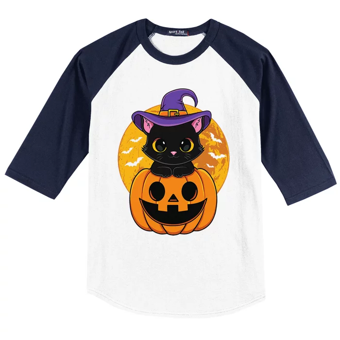 Halloween Black Cat Witch Hat Pumpkin For Baseball Sleeve Shirt