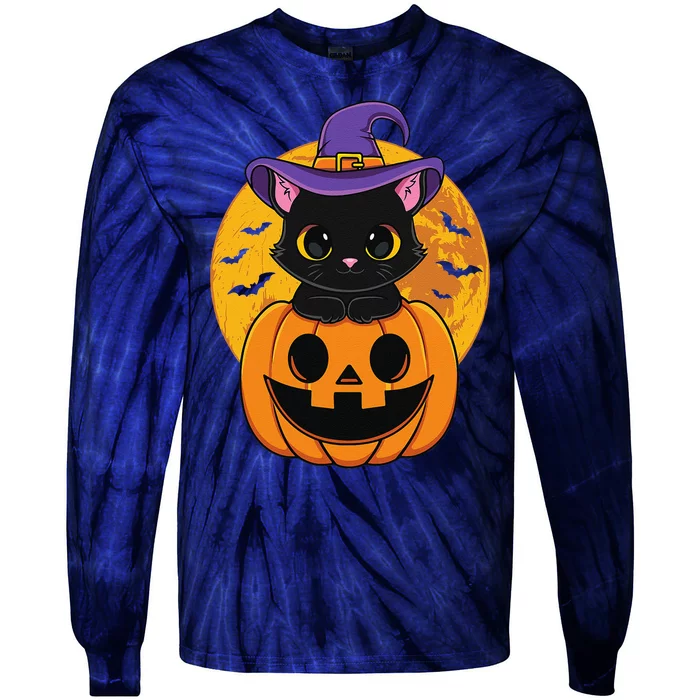 Halloween Black Cat Witch Hat Pumpkin For Tie-Dye Long Sleeve Shirt