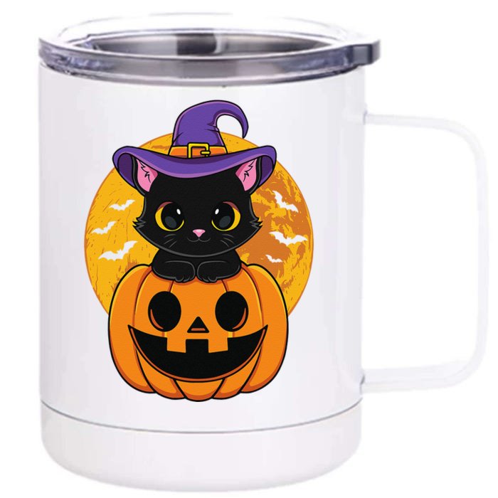 Halloween Black Cat Witch Hat Pumpkin For Front & Back 12oz Stainless Steel Tumbler Cup