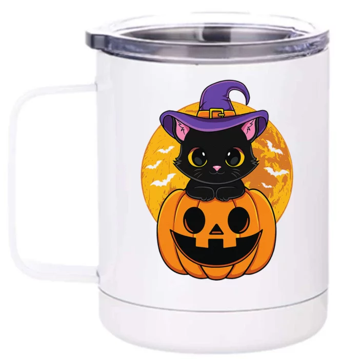 Halloween Black Cat Witch Hat Pumpkin For Front & Back 12oz Stainless Steel Tumbler Cup