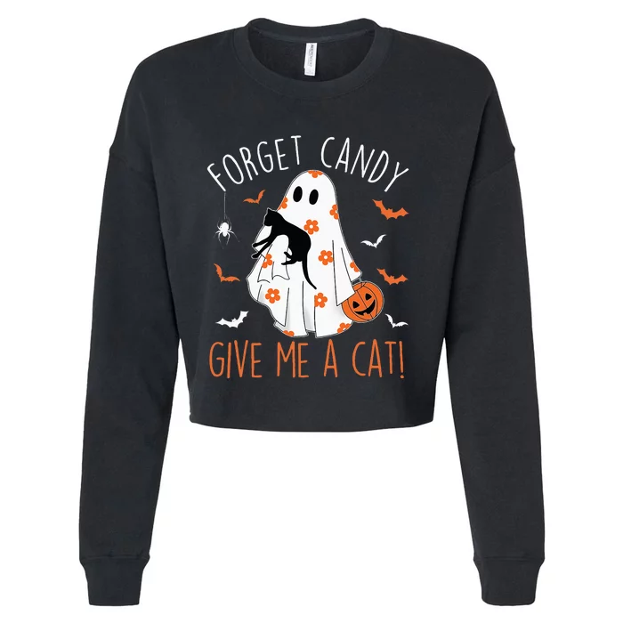 Halloween Black Cat Forget Candy Give Me A Cat Kids Cropped Pullover Crew