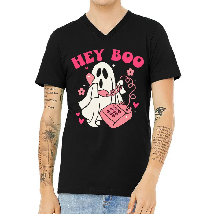 Hey Boo Cute Groovy Ghost Funny Halloween Mom Life Lazy Halloween Ghost Costume V-Neck T-Shirt