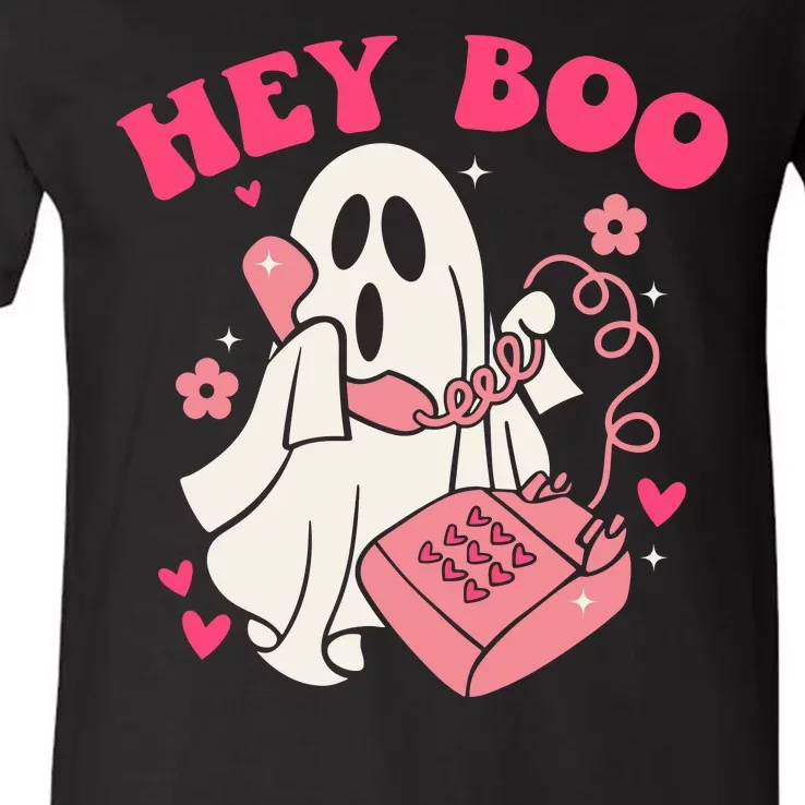 Hey Boo Cute Groovy Ghost Funny Halloween Mom Life Lazy Halloween Ghost Costume V-Neck T-Shirt